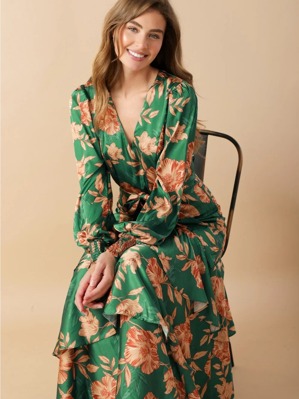 Flying Tomato Emerald Green Floral Long Sleeve Maxi Dress high quality satin